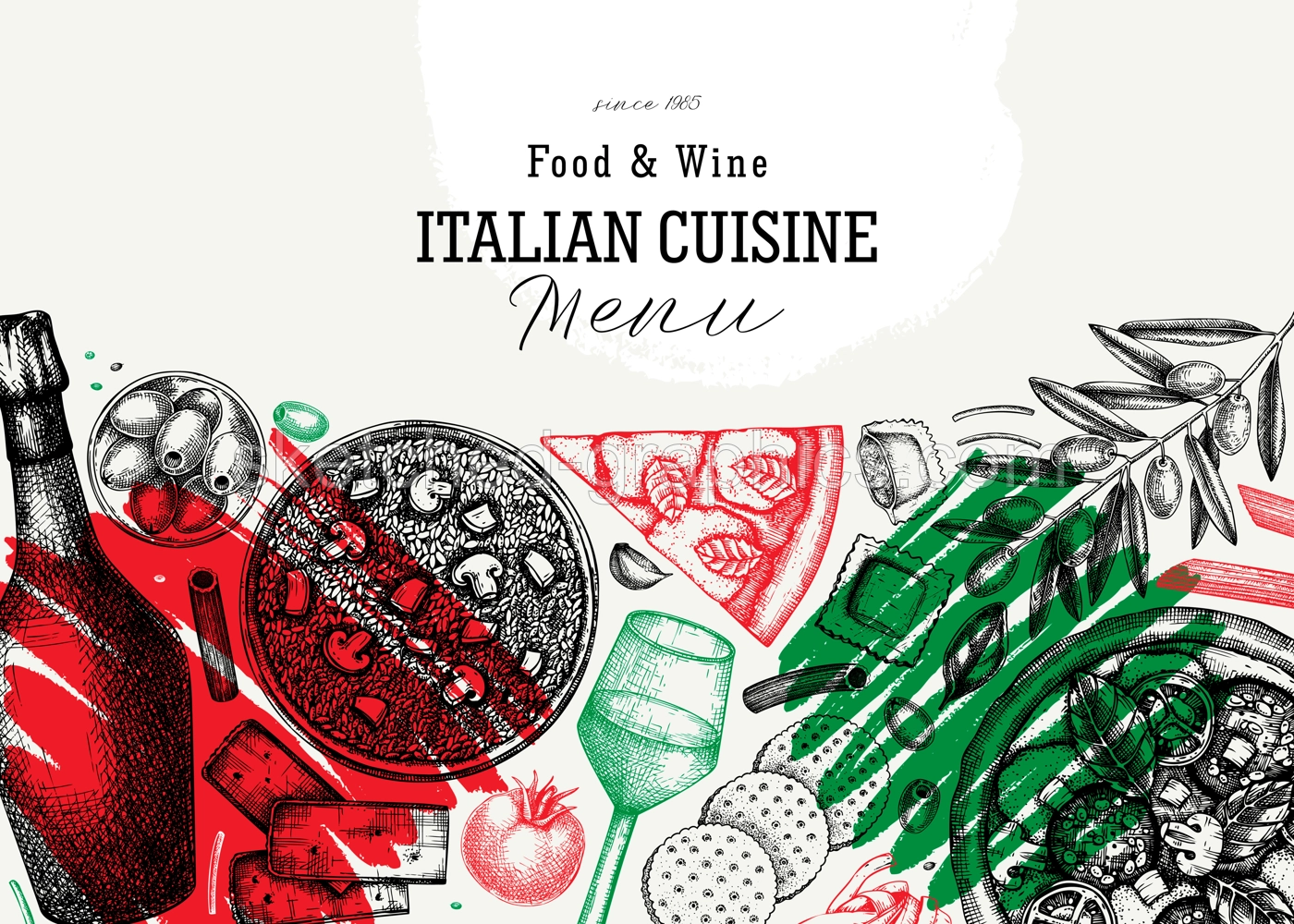 Hand drawn pizza, pasta, prosecco, risotto banner in collage style. Italian food and drinks vector background. Mediterranean cuisine ingredients illustrations. Modern restaurant menu design template.  Illustration